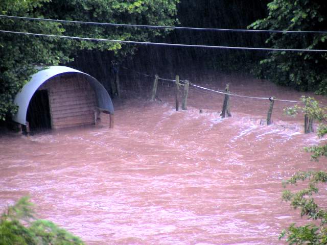 Leigh Brook flowing through Longley Green on 20 July 2007. Photo © 2007 Keith Bramich